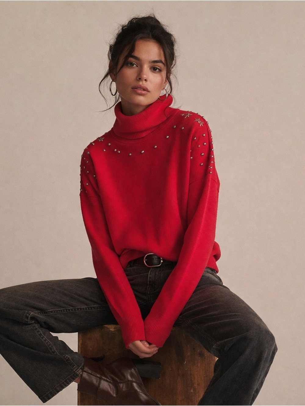 Vintage Meister Red Wool Studded Turtleneck Knit Sweater M